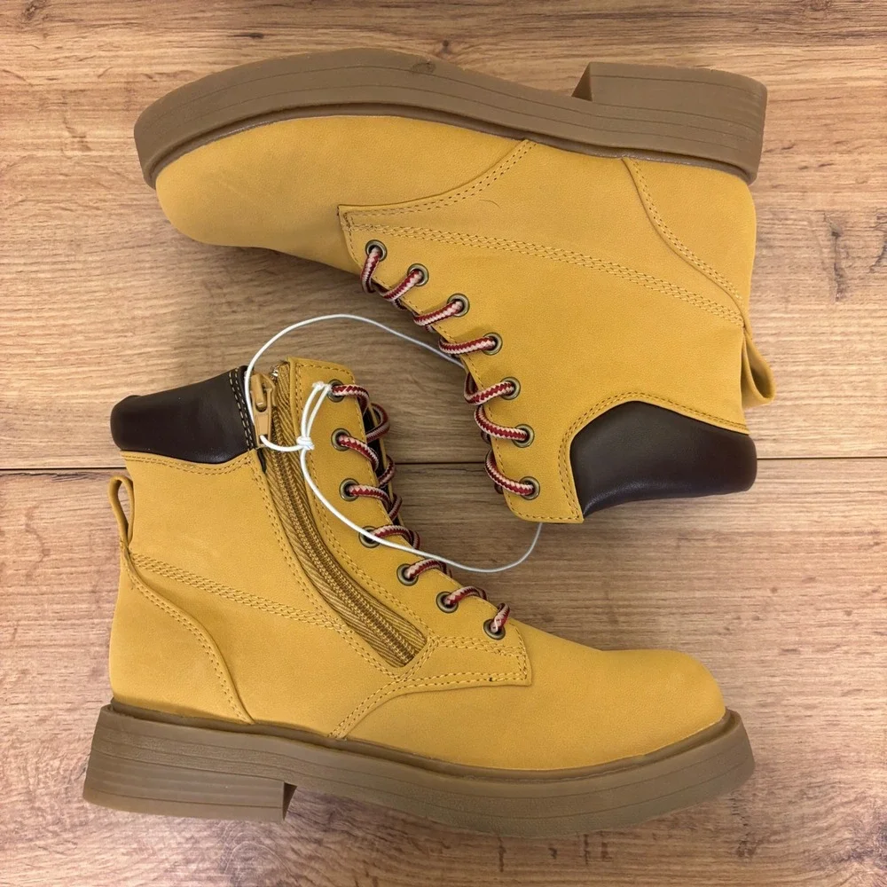 STEVE MADDEN JJumble Combat Boots Tan Kids Size 4 Side Zip Lace Up Low Heel